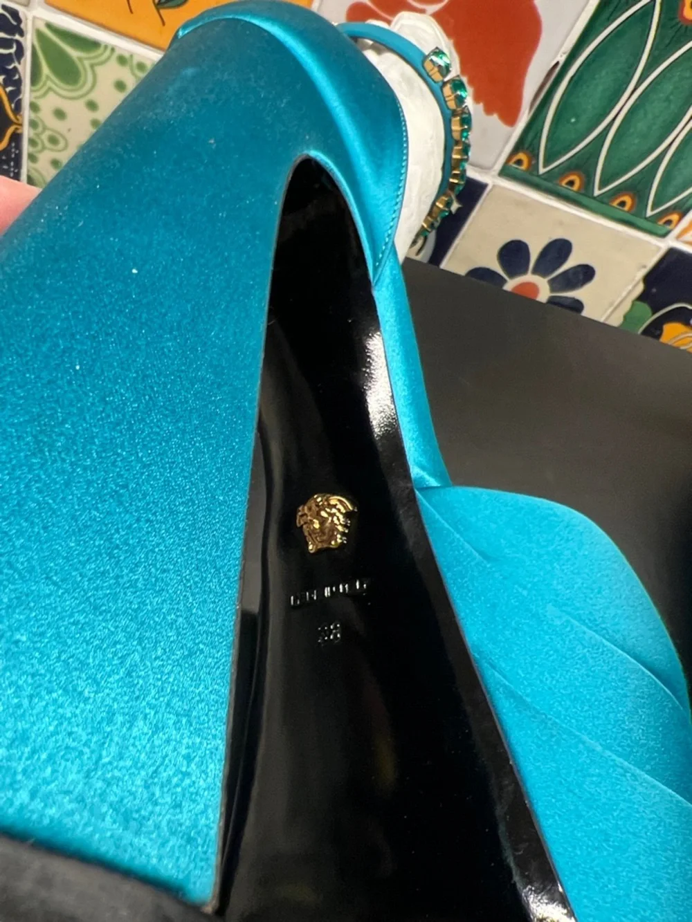 Versace Turquoise Blue Platform High Heels with Jeweled Ankle Strap
